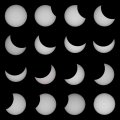 Коллаж  фото  солнечного  затмения  20  марта  2015  года.  Телескоп  SKY  WATCHER  BKP 2008  ОТА,  фотоаппарат  Canon 1100D, прямой  фокус, апертурный  фильтр  200mm  с  плёнкой  Baader  Planetarium  AstroSolar, выдержка 1/1250, ISO - 100.