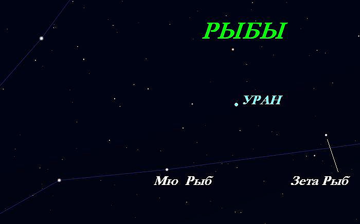 Расположение  планеты  Уран  в  созвездии  Рыбы  в  октябре  2016  года