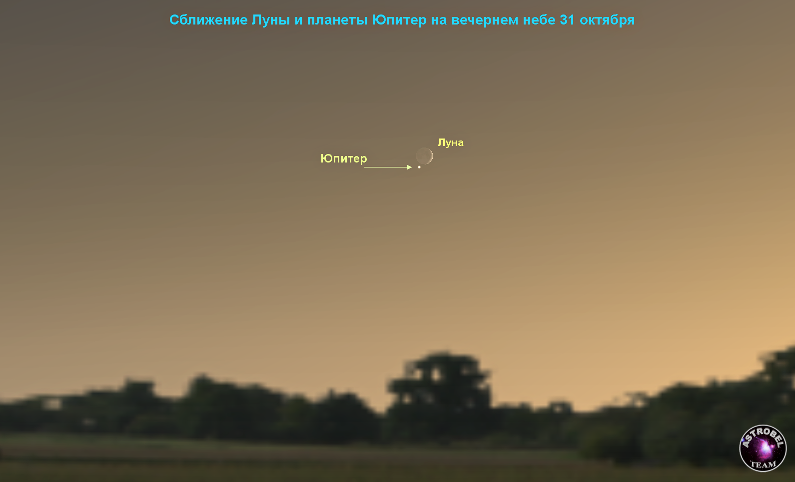 Сближение Луны и планеты Юпитер на вечернем небе 31 октября