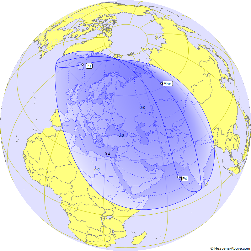 Карта  частного  солнечного  затмения  25 октября 2022  года.