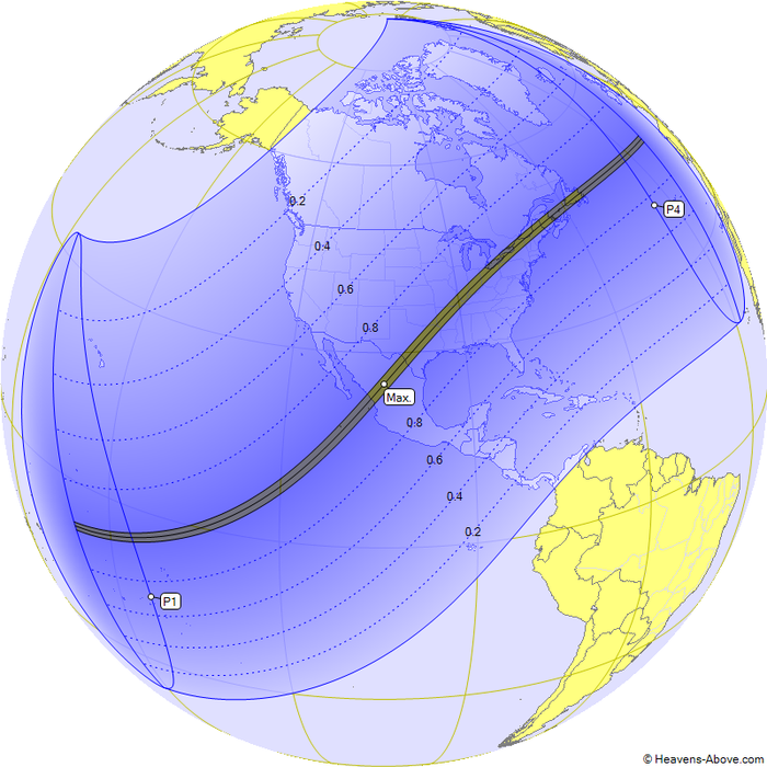 Карта видимости полного солнечного затмения 8 апреля 2024 года