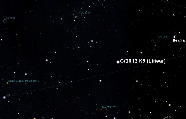 Комета С/2012 K5 ( LINEAR )  в  созвездии  Телец   вечером  7  января  2013  года